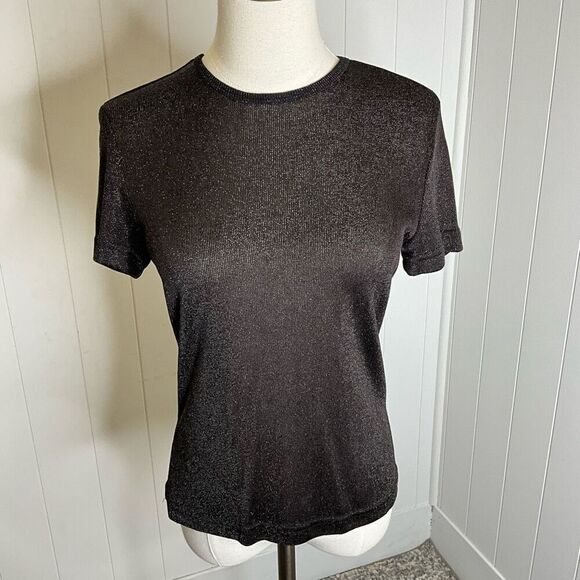 Espirit Womens Small Crewneck Top Black Metallic Sparkly Short Sleeves Stretch - Picture 1 of 9